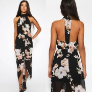 Fashion Polyester Halter Neck Sleeveless Floral Printed Slit Maxi Day Dress