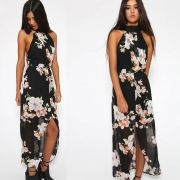 Fashion Polyester Halter Neck Sleeveless Floral Printed Slit Maxi Day Dress