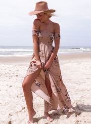 Floral Strapless Short Sleeve High Slit Maxi Party Dress