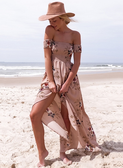 Floral Strapless Short Sleeve High Slit Maxi Party Dress