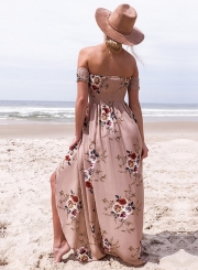 Floral Strapless Short Sleeve High Slit Maxi Party Dress