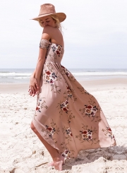 Floral Strapless Short Sleeve High Slit Maxi Party Dress