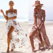 Floral Strapless Short Sleeve High Slit Maxi Party Dress