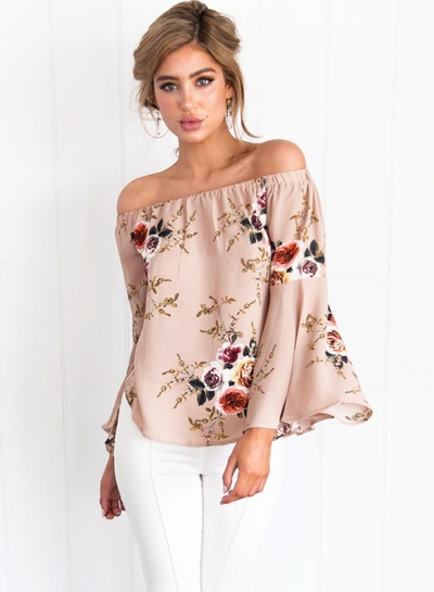 Women's Fashion Off The Shoulder Flare Sleeve Floral Printed Blouse