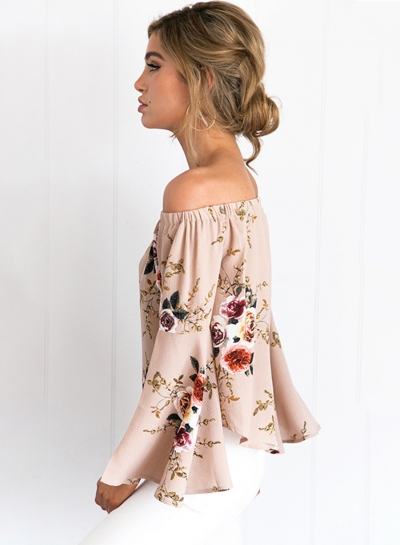 Women's Fashion Off The Shoulder Flare Sleeve Floral Printed Blouse stylesimo.com