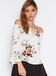 Women's Fashion Off The Shoulder Flare Sleeve Floral Printed Blouse