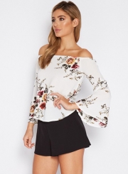 Women's Fashion Off The Shoulder Flare Sleeve Floral Printed Blouse