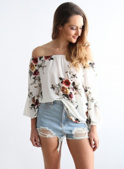 Women's Fashion Off The Shoulder Flare Sleeve Floral Printed Blouse stylesimo.com