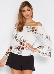 Women's Fashion Off The Shoulder Flare Sleeve Floral Printed Blouse