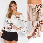 Women's Fashion Off The Shoulder Flare Sleeve Floral Printed Blouse