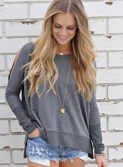 Women's Charming Off Shoulder Long Sleeve Slit Pullover Tee