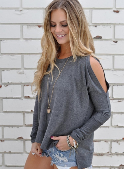Women's Charming Off Shoulder Long Sleeve Slit Pullover Tee stylesimo.com