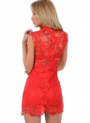 Women's High Neck Sleeveless Lace Bodycon Mini Club Dress