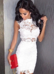 Women's High Neck Sleeveless Lace Bodycon Mini Club Dress