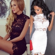 Women's High Neck Sleeveless Lace Bodycon Mini Club Dress
