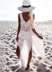 Charming Ankle Length V Neck Sleeveless Slit Chiffon Beach Dress