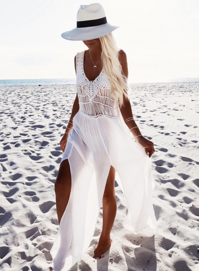 Charming Ankle Length V Neck Sleeveless Slit Chiffon Beach Dress stylesimo.com