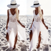 Charming Ankle Length V Neck Sleeveless Slit Chiffon Beach Dress