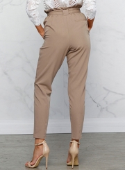 Women's Polyester Plain Ruffle Waist Pencil Pants With Belt