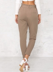 Women's Polyester Plain Ruffle Waist Pencil Pants With Belt