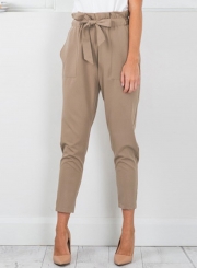 Women's Polyester Plain Ruffle Waist Pencil Pants With Belt