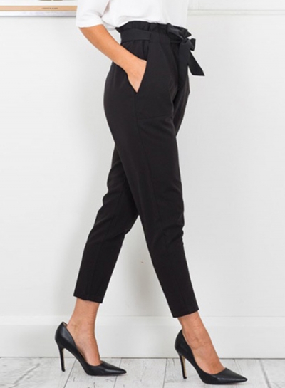 Women's Polyester Plain Ruffle Waist Pencil Pants With Belt STYLESIMO.com