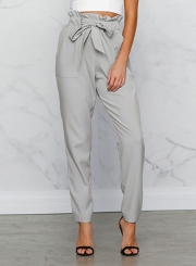 Women's Polyester Plain Ruffle Waist Pencil Pants With Belt