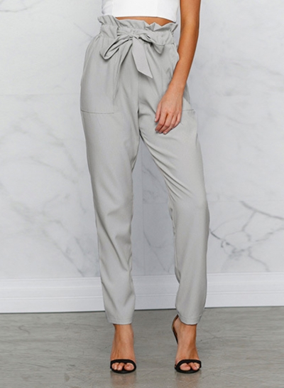 Women's Polyester Plain Ruffle Waist Pencil Pants With Belt YOUYOUFASHIONEC.com
