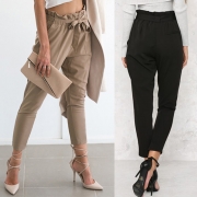 Women's Polyester Plain Ruffle Waist Pencil Pants With Belt