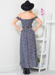 Women's Off Shoulder High Slit Floral Printed Maxi Dress