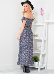 Women's Off Shoulder High Slit Floral Printed Maxi Dress