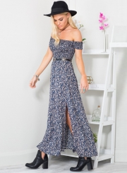 Women's Off Shoulder High Slit Floral Printed Maxi Dress
