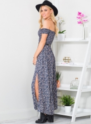 Women's Off Shoulder High Slit Floral Printed Maxi Dress