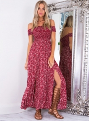 Women's Off Shoulder High Slit Floral Printed Maxi Dress