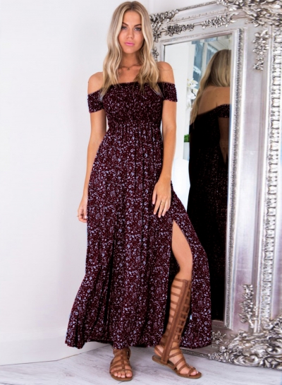 Women's Off Shoulder High Slit Floral Printed Maxi Dress YOUYOUFASHIONEC.com