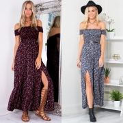 Women's Off Shoulder High Slit Floral Printed Maxi Dress