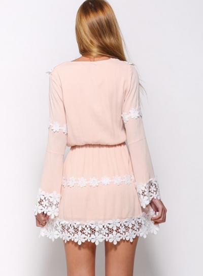 Women's V Neck Long Sleeve Lace Trim Mini Going Out Dress stylesimo.com