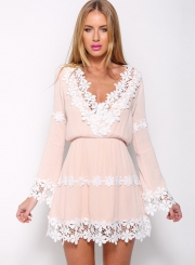 Women's V Neck Long Sleeve Lace Trim Mini Going Out Dress