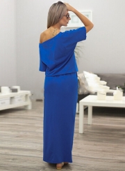 Fashion Women's Half Sleeve Side Slit Round Neck Maxi Dress