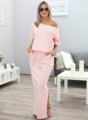Fashion Women's Half Sleeve Side Slit Round Neck Maxi Dress