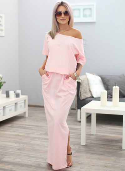 Fashion Women's Half Sleeve Side Slit Round Neck Maxi Dress STYLESIMO.com