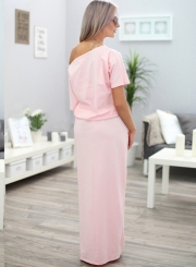 Fashion Women's Half Sleeve Side Slit Round Neck Maxi Dress