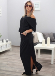 Fashion Women's Half Sleeve Side Slit Round Neck Maxi Dress