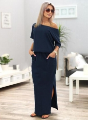 Fashion Women's Half Sleeve Side Slit Round Neck Maxi Dress