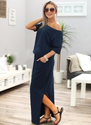Fashion Women's Half Sleeve Side Slit Round Neck Maxi Dress
