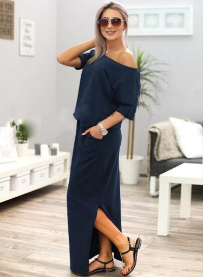 Fashion Women's Half Sleeve Side Slit Round Neck Maxi Dress stylesimo.com