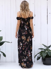 Short Sleeve Off Shoulder Floral Printed High Slit Dress