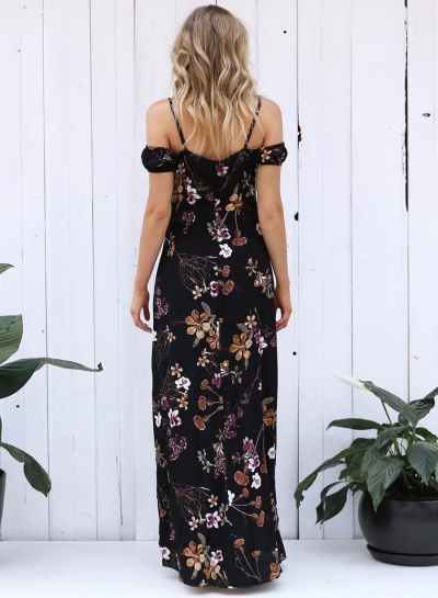 Short Sleeve Off Shoulder Floral Printed High Slit Dress stylesimo.com