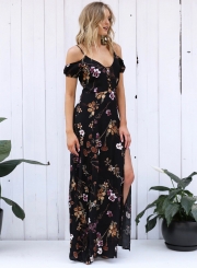 Short Sleeve Off Shoulder Floral Printed High Slit Dress