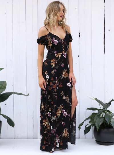 Short Sleeve Off Shoulder Floral Printed High Slit Dress stylesimo.com